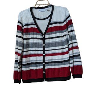Alfred Dunner 2-in-1 Cardigan Sweater Set - Red, Grey, Black Stripes - Size M